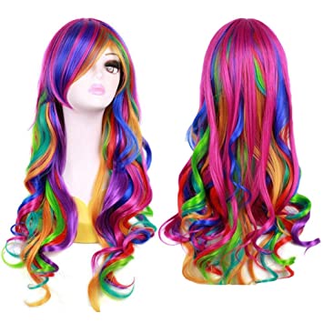 Photo 1 of 27 Inches Rainbow Wig with Bangs 