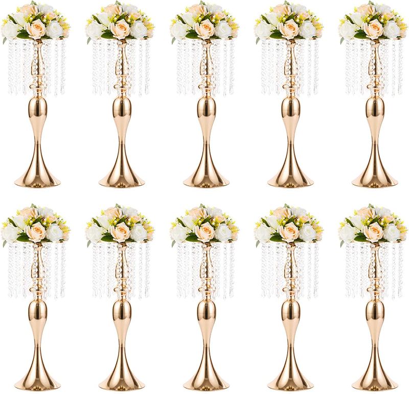 Photo 1 of 10 Pcs 21.3 inches Tall Crystal Flower Stand Wedding Road Lead Tall Flower Holders Centerpiece Crystal Flower Chandelier Metal Flower Vase for Reception Tables Wedding Supplies
