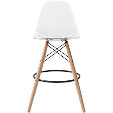 Photo 1 of 2xhome - Clear - 25" Seat Height DSW Molded Plastic Bar Stool Modern Barstool Counter Stools with Back and armless Natural Legs Wood Eiffel Legs Dowel-Leg