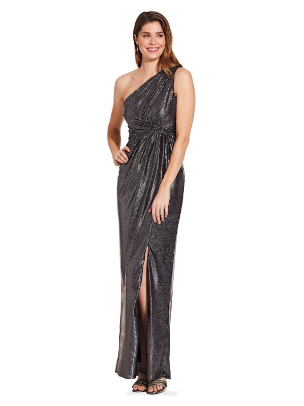 Photo 1 of Adrianna Papell Women's Silver Zippered Sleeveless Asymmetrical Neckline Full-Length Fit Flare Formal Dress Size 14 