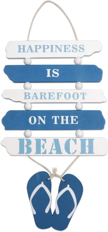 Photo 1 of Wooden Wall Decorative Sign Wood Plaque Sign Wooden Beach Plaque Door Wall Plaque Decor Hanging Wall Sign Hanging Wood Wall Decoration-HAPPINESS IS BAREFOOT ON THE BEACH 17" x 8" (Blue)
