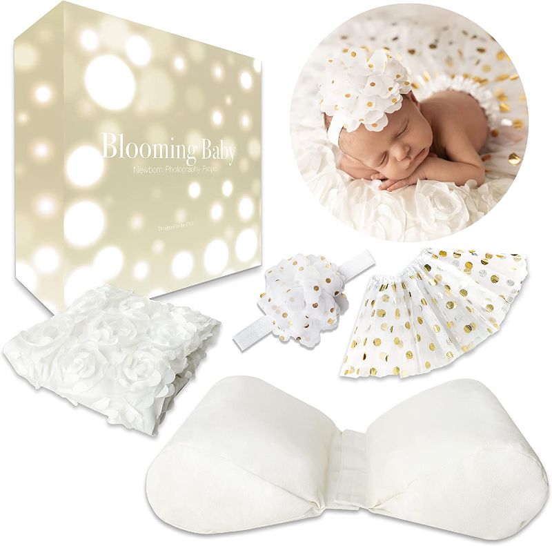 Photo 1 of Blooming Baby Newborn Butterfly Posing Wedge Pillow Photography Prop Set in White and Gold with Headband, Blanket and Tutu
