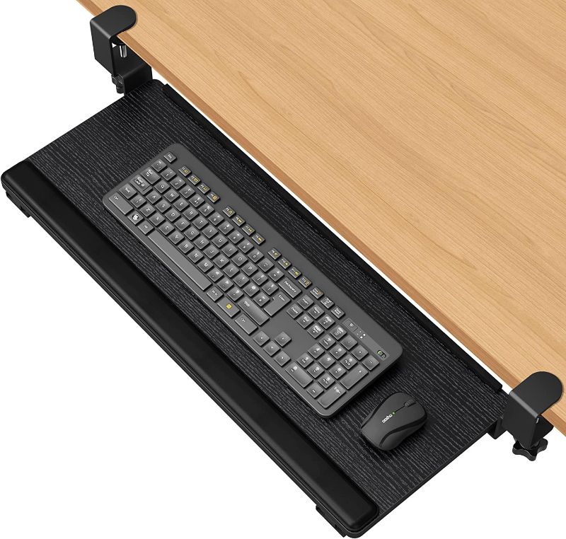 Photo 1 of FAMIKITO Keyboard Tray Under Desk,26" Ergonomic Wooden Under Desk Keyboard Tray Slide Out with Sturdy C-Clamp Mount & Wrist Rest -No Drilling to Desk!Easy 3 Min Install! Black(Screwdriver Including?
