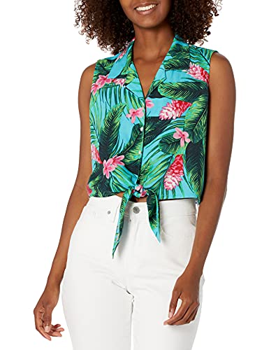 Photo 1 of Amazon Brand - 28 Palms Women's Loose-Fit Silk/Rayon Tropical Vacation Tie Front Crop Top, Aqua/Pink Ginger, XX-Large

