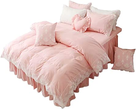 Photo 1 of ABREEZE White Ruffled Duvet Cover Sets Korean Princess Light pink Bedding Girl Bedroom Sets Lace Design Girls Bedding Set Twin 4PCS