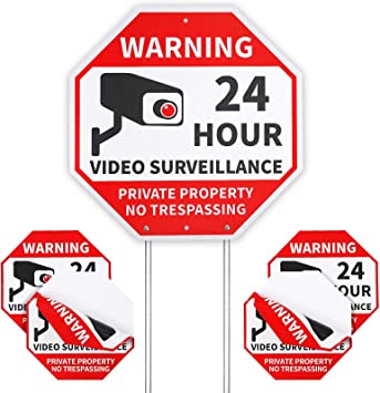 Photo 1 of Aluminum Double Sided Sign, No Trespassing Signs Private Property, 24 Hour Video Surveillance yard Signs, Attaches 4 Double Side Printed Security Stickers