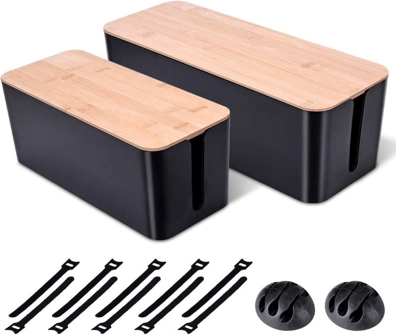 Photo 1 of 2 Pack Large Cable Management Box – Wooden Style Cord Organizer Box and Cover for TV Wires, Computer, Router, USB Hub and Under Desk Power Strip