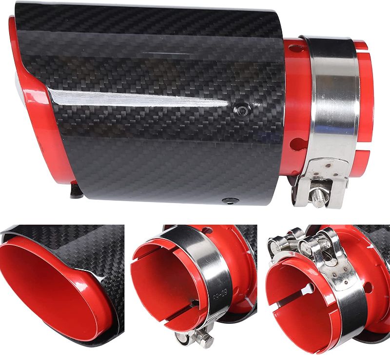 Photo 1 of Car Exhaust Pipe Tail Throat, Universal Exhaust Tip Tail Throat Glossy Carbon Fiber Red Pipe Straight 2.5in Inlet 3.5in Single Outlet for Tail Throat Exhaust Tip Stainless Steel Exhaust Tip Inlet 