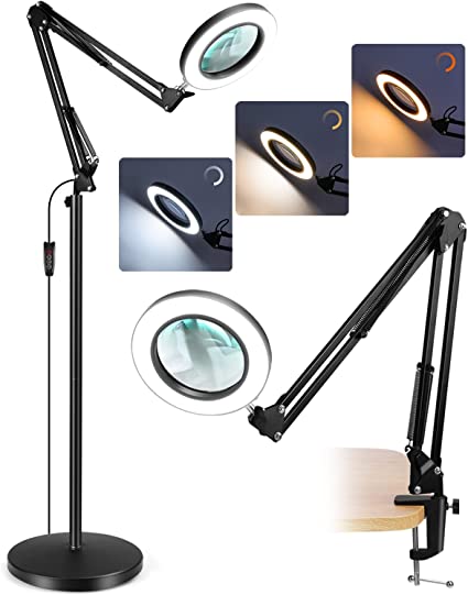 Photo 1 of 5X Magnifying Glass with Light and Stand, TOMSOO 3-in-1 LED Magnifying Floor Lamp with Clamp, 3 Color Modes Stepless Dimmable Adjustable Swing Arm, Lighted Magnifier for Reading, Crafts, Close Work