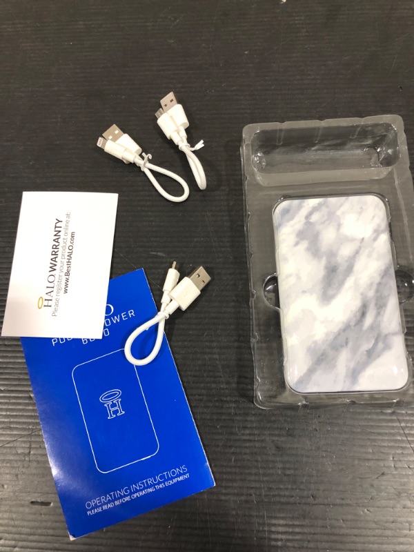 Photo 2 of HALO - Pocket Power 6000 Portable Charger Power Bank for Phone - High-Speed TSA Approved 6000mAh Battery Pack - Standard USB Output and Micro USB Cable, Lightning Cable, USB Type C Cable -White Marble
