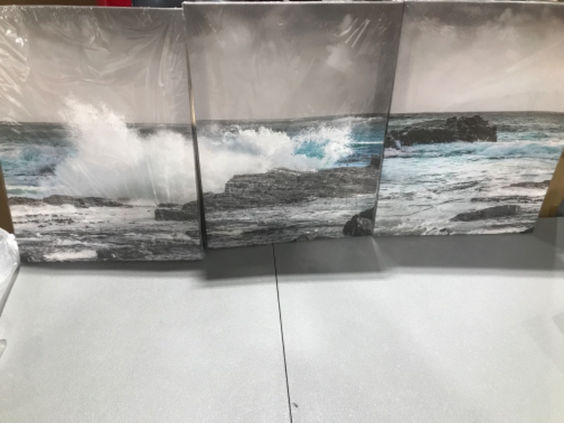 Photo 1 of 3 Piece Canvas Wall Art Prints Romantic Ocean Waves Nature Pictures Painting for Living Room Bedroom Home Decorations Wall Decor Ready to Hang - 14"Lx 12"W Panels