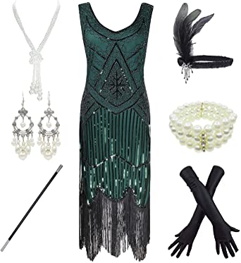 Photo 1 of 920s Gatsby Sequin Fringed Paisley Flapper Dress with 20s Accessories Set Size M 