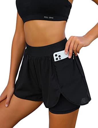 Photo 1 of Blooming Jelly Womens 2 in 1 Shorts Quick Dry Elastic Waist Workout Athletic Running Shorts with Zipper Pocket Size XL