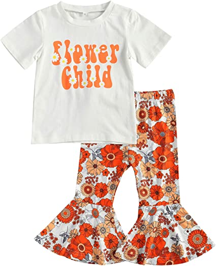 Photo 1 of  Girl Flower Child Print T-Shirt Tops Floral Flared Bell-Bottom Pants Summer 2PCS Outfits Set