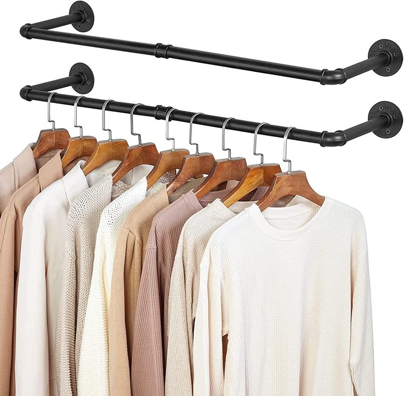 Photo 1 of 2 Pack Clothing Rack Wall Mount, Industrial Pipe Clothing Rack 38.4IN,Elibbren Hanging Clothes Rack,Heavy Duty Iron Garment Rack Bar for Closet,Laundry Room, Multi Purpose Hanging Rod,Black