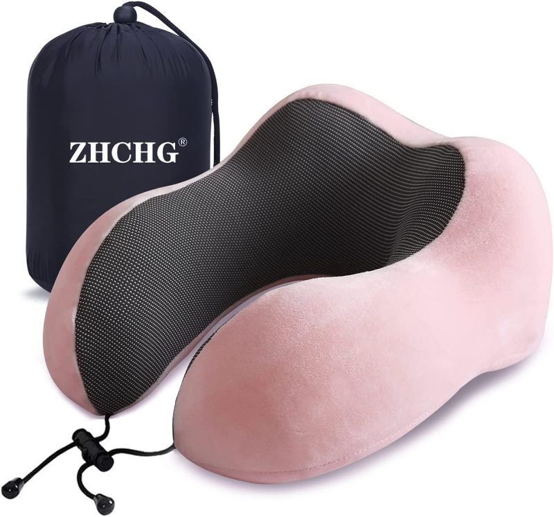 Photo 1 of ZHCHG Travel Pillow, Best Memory Foam Neck Pillow for Airplane, Head Support Comfortable Pillow for Sleeping Rest, Train, Car & Home Use- Pink
