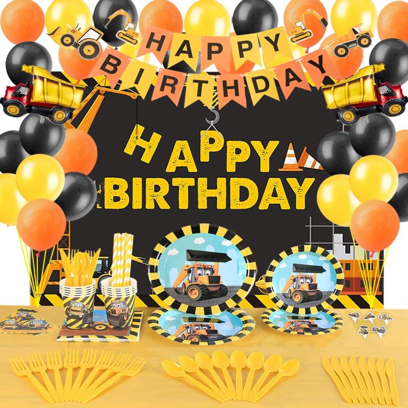 Photo 1 of Construction Birthday Party Supplies Decorations Set- Serve 10 Guests -156 Pcs, Birthday Packs Includes Flatwares,Tablecloth, Cups, Backdrop, Banner, Balloons, Cakeforks, Napkins Gift for Girl's Boys Kids Birthday Party and Baby Shower Decor
