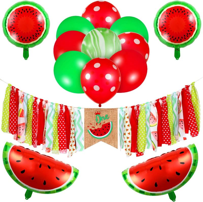 Photo 1 of 45 Pieces Watermelon 1st Birthday Party Decoration Set Watermelon Shaped Mylar Foil Latex Balloons High Chair Banner for Summer Fruit Theme Baby Shower Birthday Decoration Supplies
