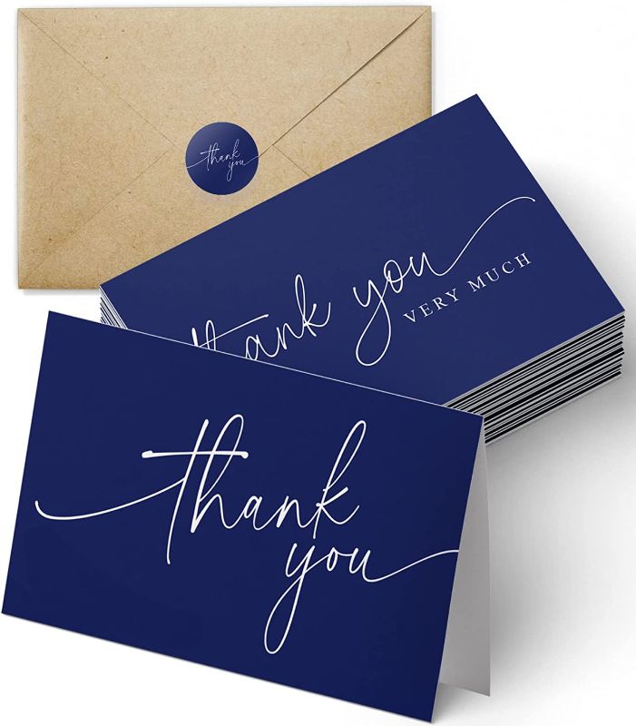 Photo 1 of Thank You Cards with Kraft Envelopes and Matching Stickers, Bulk Pack of 100, 4x6 Inch Navy Blue Professional Looking | Suitable for Business, Baby Shower, Wedding, Small Business, Graduation, Bridal Shower, Funeral https://a.co/d/8tQ21au