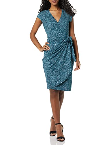 Photo 1 of Amazon Essentials Women's Classic Cap Sleeve Wrap Dress, Blue, Dots, 2X
