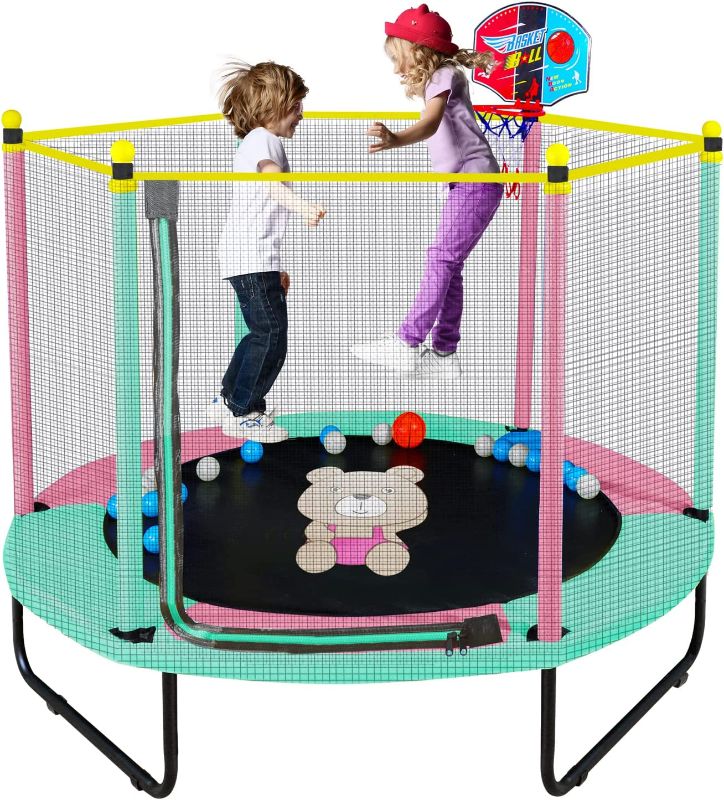 Photo 1 of 60 Inch Kids Trampoline, 5ft Indoor Outdoor Trampoline with Enclosure Net, Baby Mini Trampoline with Basketball Hoop, Recreational Trampolines for Kids Birthday Gifts.
