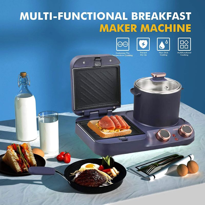 Photo 1 of 3 in 1 Breakfast Station, Breakfast Station, Retro Household Breakfast Maker, Electric Mini Toaster Bread Breakfast Sandwich Maker, Breakfast Machine with Frying Pan, Boiling Pot, Food Steamer
