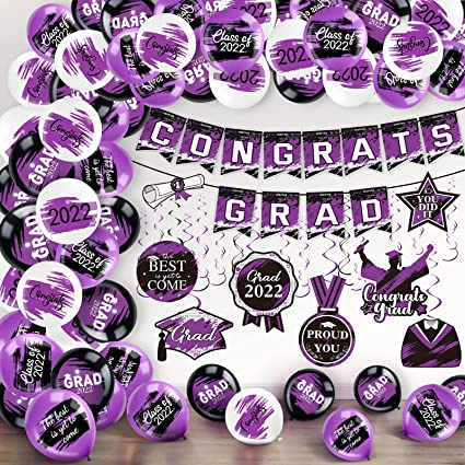 Photo 1 of 41 Pieces 2022 Graduation Party Decorations Congrats Grad Banner Class of 2022 Party Supplies Graduation Party Hanging Swirls Balloons for Grad Party Decoration Supplies (Purple and Black)