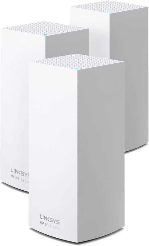 Photo 1 of Linksys MX8503 Atlas WiFi 6E Router Home WiFi Mesh System, Tri-Band, 9,000 Sq. ft,195+ Devices, Replaces Routers and Extenders, Gaming & Streaming, Speeds up to (AX8400) 8.4Gbps - 3PK
