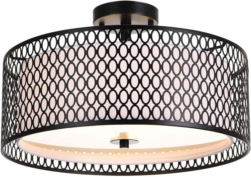 Photo 1 of 17" Semi Flush Mount Ceiling Light Fixture, Modern 3-Light Durm Close to Ceiling Lighting with Black Metal Hanging with Bottom Reflective Glass for Bedroom Living Room Kitchen Hallway Entry Foyer
