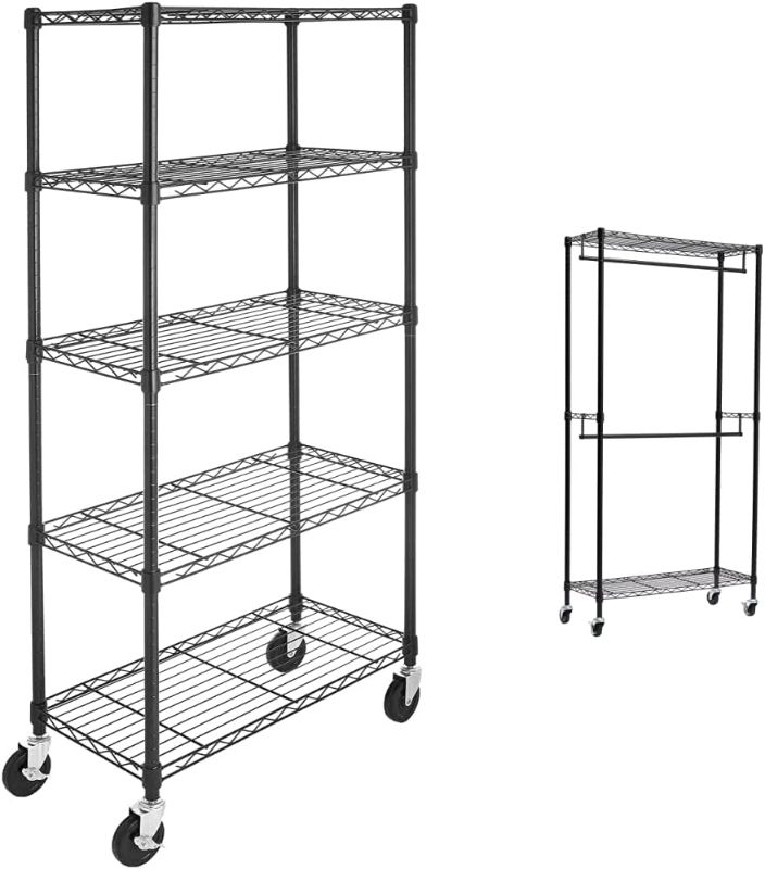 Photo 1 of Amazon Basics Double Hanging Rod Garment Rolling Closet Organizer Rack - 72 Inch Height & 5-Shelf Shelving Storage Unit on 4'' Wheel Casters, Metal Organizer Wire Rack, Black (30L x 14W x 64.75H)
