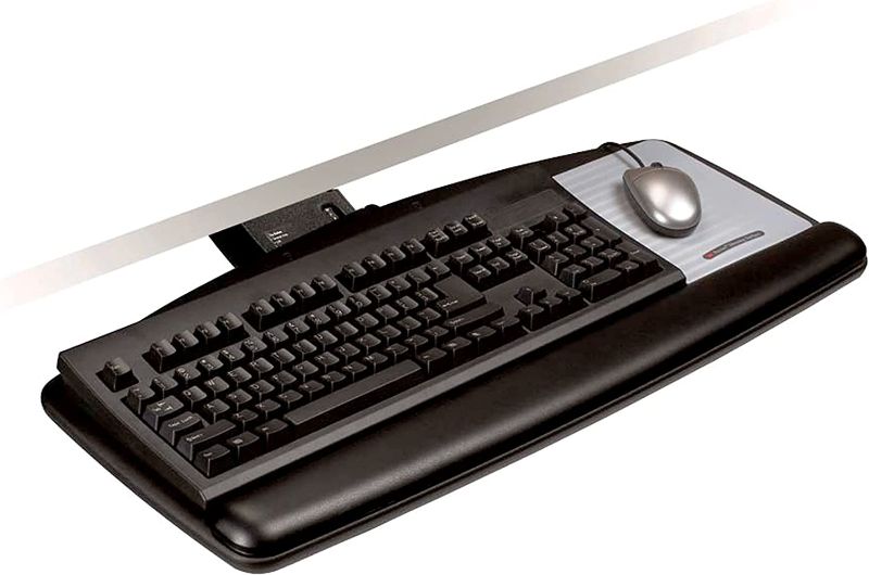 Photo 1 of 3M Sit/Stand Keyboard Tray, Simply Turn Knob To Adjust Height And Tilt, Sturdy Tray Includes Gel Wrist Rest And Precise Mouse Pad, Tray Swivels And Stores Under Desk, 23" Track, Black (AKT170LE)
