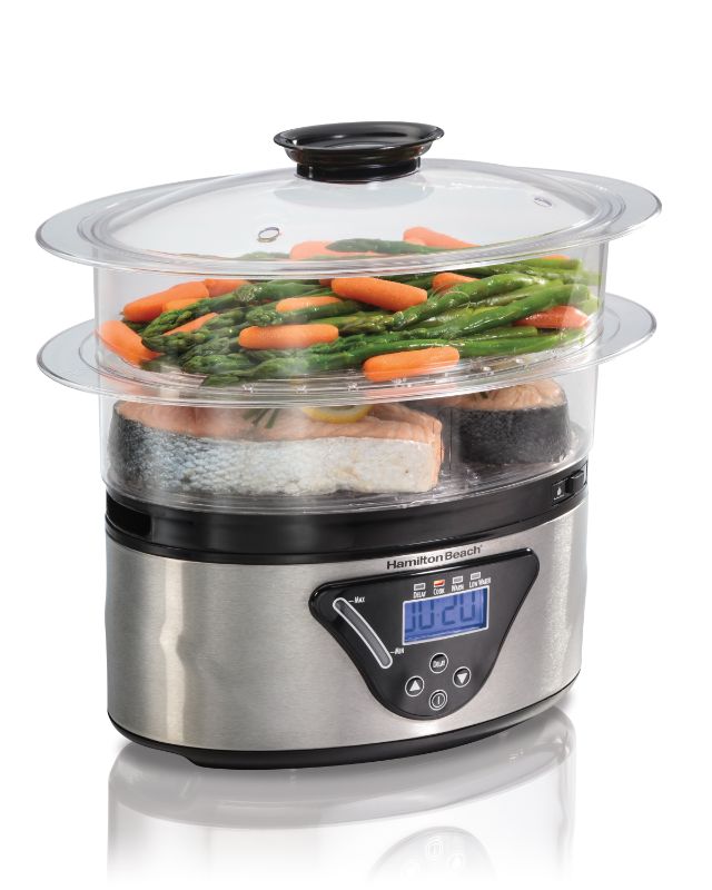 Photo 1 of Hamilton Beach Digital Food Steamer for Quick, Healthy Cooking with Stackable Two-Tier Bowls for Vegetables and Seafood Plus Rice Basket, 5.5 Quart, Black & Stainless Steel
