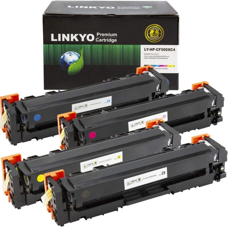 Photo 1 of LINKYO Compatible Toner Cartridge Replacement for HP 202X CF500X CF501X CF502X CF503X High Yield 202A (Black, Cyan, Magenta, Yellow, 4-Pack)
