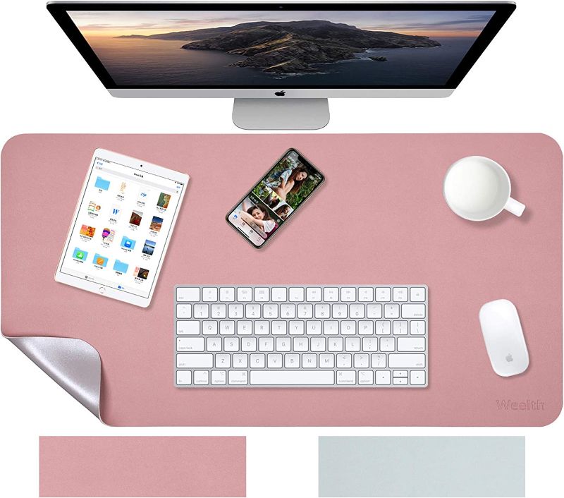 Photo 1 of Weelth Multifunctional Office Desk Pad, 35.4" x 17" Waterproof Desk Pad Protector PU Leather Dual-Sided Desk Writing Pad for Office/Home (Pink/Sliver, 35.4" x 17")
