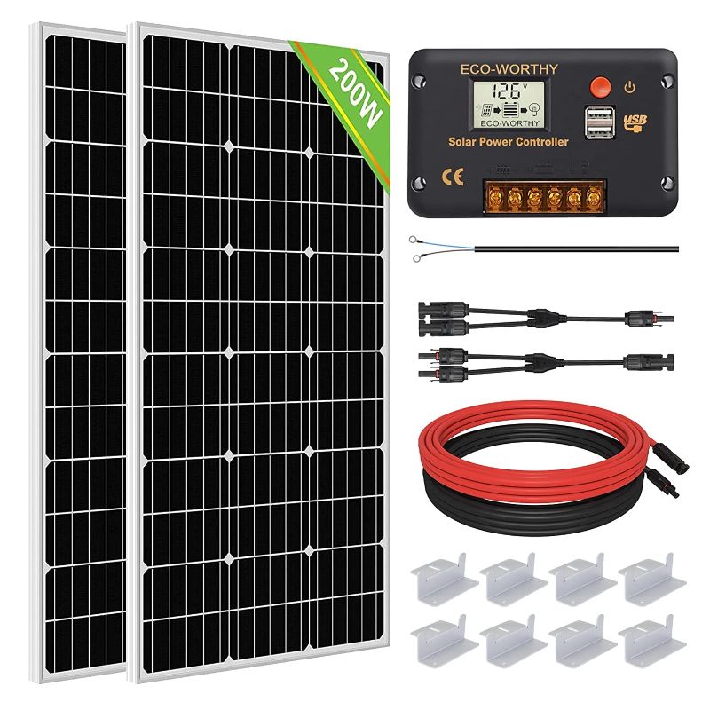 Photo 1 of ECO-WORTHY 200 Watts 12 Volt/24 Volt Solar Panel Kit with High Efficiency Monocrystalline Solar Panel and 30A PWM Charge Controller for RV, Camper, Vehicle, Caravan and Other Off Grid Applications
