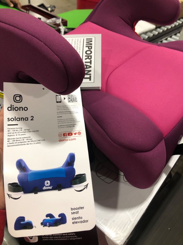 Photo 4 of Diono Solana 2 XL 2022, Dual Latch Connectors, Lightweight Backless Belt-Positioning Booster Car Seat, 8 Years 1 Booster Seat, Pink