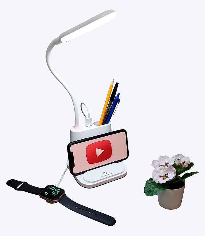 Photo 1 of LED Desk Lamp for Office - Rechargeable with USB Charging Port - USB Convenience Port - Flexible - White/Warm Light, Adjustable Brightness - Pen & Phone Holder - Work & Study from Home - Color: White
