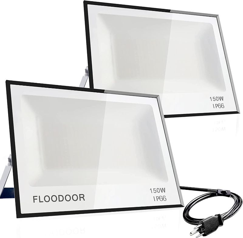 Photo 1 of FLOODOOR 150W LED Flood Light Outdoor, 15,000lm Super Bright floodlights,IP66 Waterproof Security Lights White Light with Plugs for Garden Playground Court,Yard,Rooftop,Stadium(2 Pack)