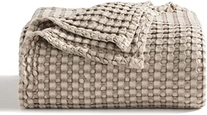 Photo 1 of Bedsure Cotton Waffle Weave Blanket King Size - Khaki Soft Lightweight Bed Blanket for All Seasons, Viscose from Bamboo Blanket Woven Knit Blanket
