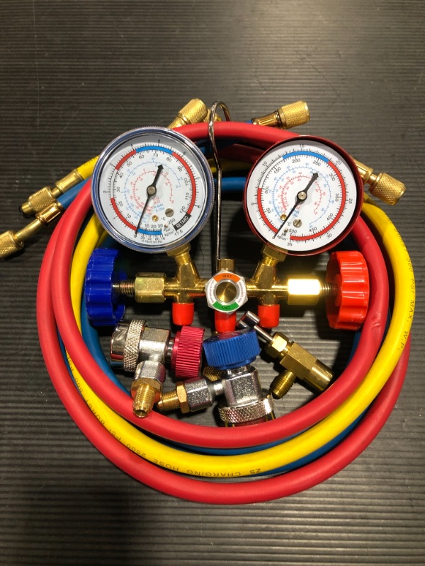 Photo 2 of  Refrigerant Charging Hoses with Diagnostic Manifold Gauge Set for R410A R22 R404 Refrigerant Charging,1/4" Thread Hose Set 60" Red/Yellow/Blue (3pcs) with 2 Quick Coupler