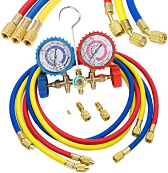 Photo 1 of  Refrigerant Charging Hoses with Diagnostic Manifold Gauge Set for R410A R22 R404 Refrigerant Charging,1/4" Thread Hose Set 60" Red/Yellow/Blue (3pcs) with 2 Quick Coupler