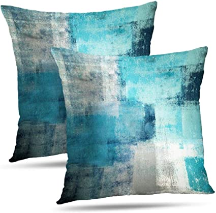 Photo 1 of Alricc Set of 4 Turquoise and Grey Art Artwork Contemporary Decorative Gray Home Decorative Throw Pillow Covers Cushion Covers for Bedroom Sofa Living Room 18X18 Inches 