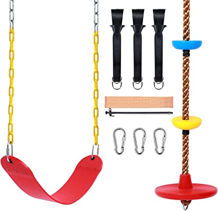 Photo 1 of  2 Pack Swing Set for Tree, Heavy Duty Swing Seat & Climbing Rope Disc Swing, Outdoor Playground Backyard Flying Swing Toys for Kids Adults Swingset 