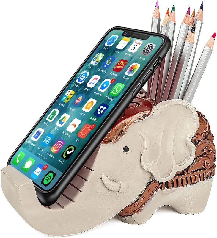 Photo 1 of Diletto Pen Pencil Holder with Phone Stand, Elephant Pencil Holder Resin Multifunctional Pen Container Teacher Gifts Brush Scissor Holder Elephant Desk Organizer for Office Desk Home Decorative? Brown
