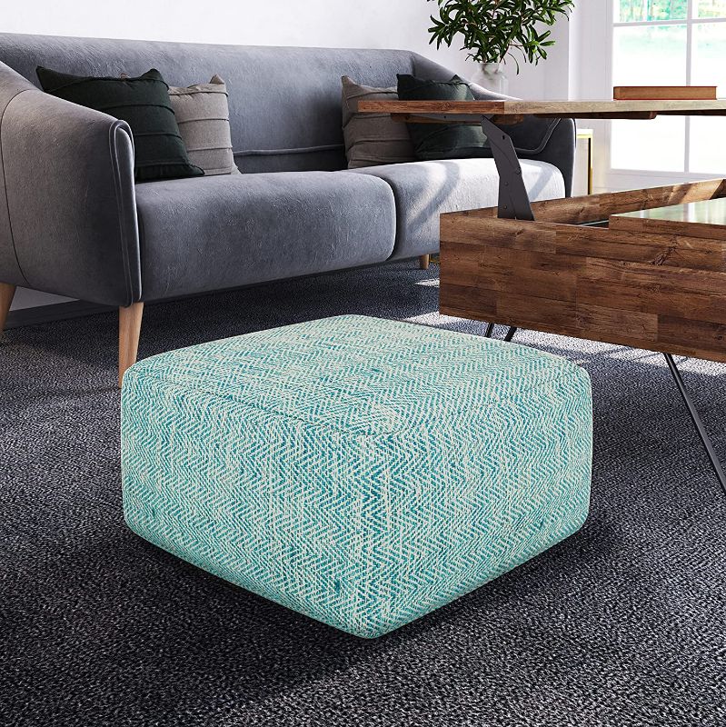 Photo 1 of 1 SIMPLIHOME Nate Square Pouf, Footstool, Upholstered in Patterned Aqua Melange Hand Woven Cotton, for the Living Room, Bedroom and Kids Room, Transitional, Boho
DIMENSIONS: 20" D x 20" W x 10" H
