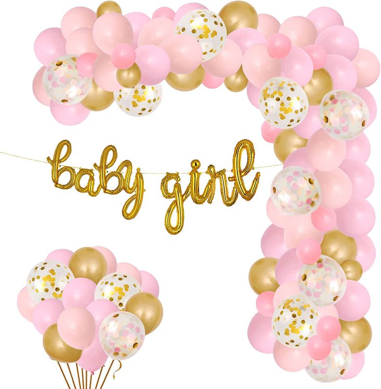 Photo 1 of Baby Girl Garland Arch Balloon Kit Decorations for Girl Confetti Latex Baby Shower Girl Banner Gold Decor Balloons Light Pink Peach Blush
