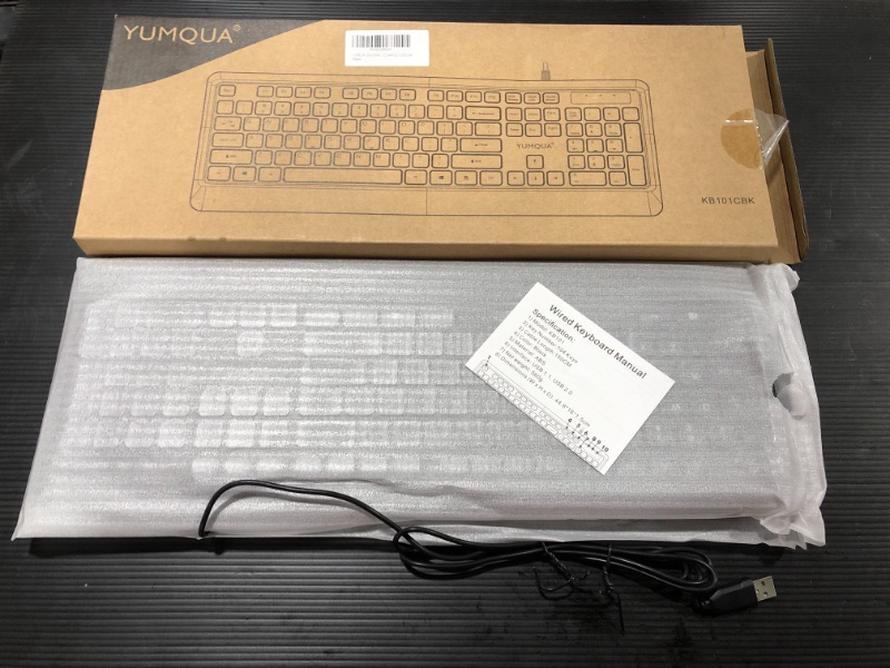 Photo 1 of YUMQUA Wired Computer Keyboard, Basic Corded Keyboard with Number Pad, 104 Keys, 5FT USB Cable and Foldable Stands, Compatible for Windows Laptop PC Desktop, Black
