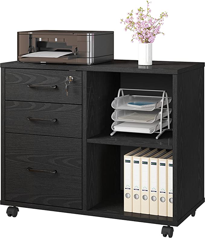 Photo 1 of 3 Drawer Office File Cabinets, Mobile Lateral Printer Stand with Open Storage Shelf, Rolling Filing Cabinet with Wheels Home Office Organization and Storage (Black style2)
