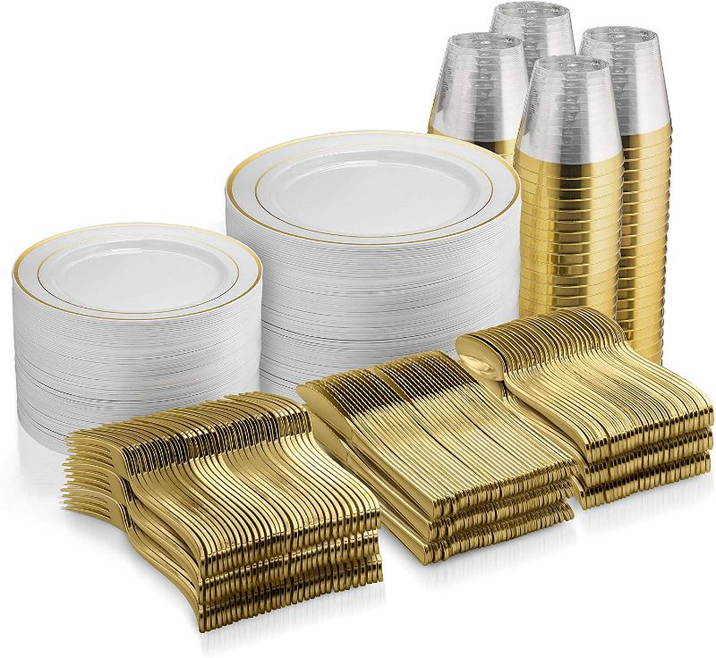 Photo 1 of 600 Piece Gold Dinnerware Set -100 Gold Rim 10 Inch Plastic Plates 100 Gold Rim 7 Inch Plates -300 Gold Plastic Silverware -1 00 Gold Plastic Cups -10
