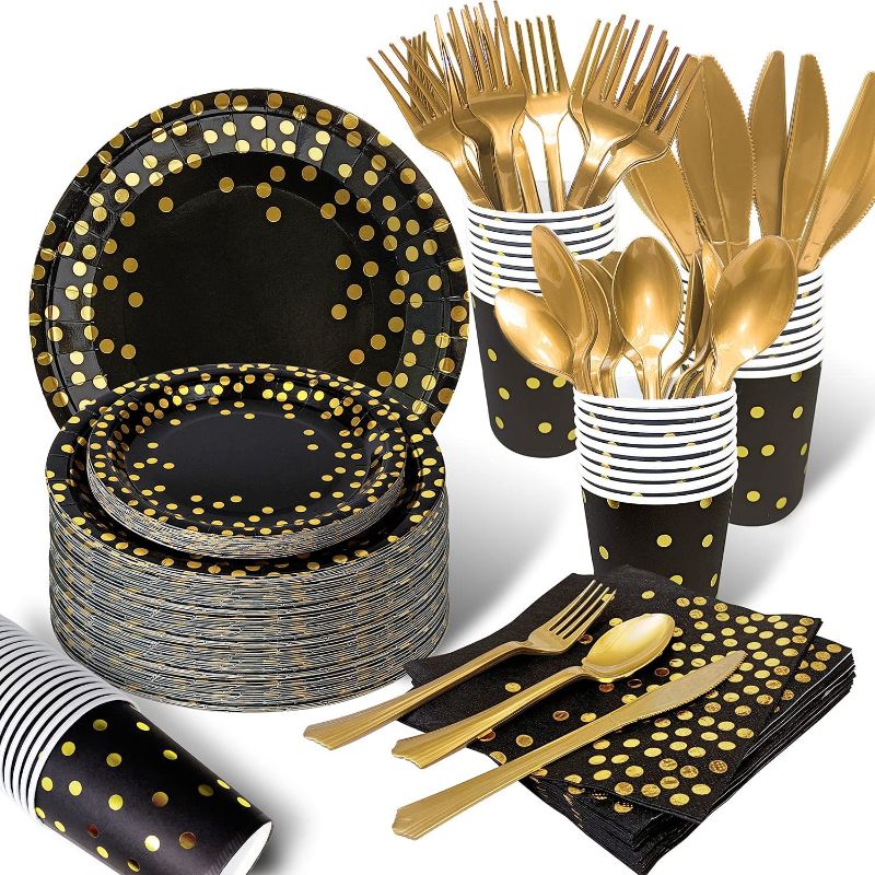 Photo 1 of 175PCS Black and Gold Party Supplies, Severs 25 Disposable Party Dinnerware, Gold Plastic Forks Knives Spoons and Golden Dot Black Paper Plates, Black Napkins Cups for Graduation, Birthday, Wedding
